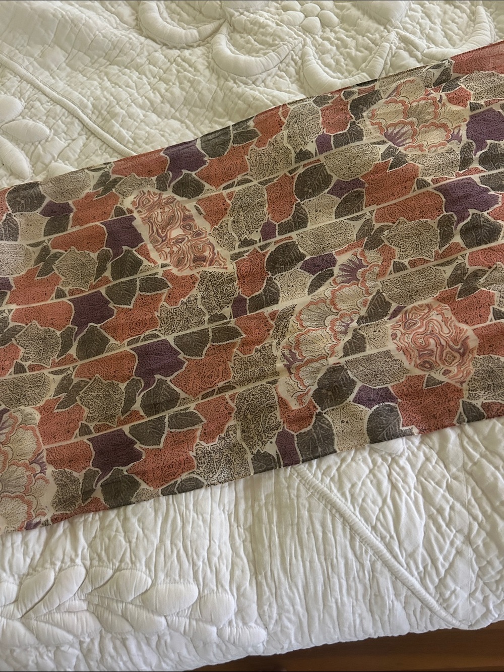 Printed Floral Scarf in Coral, Purple, and Olive